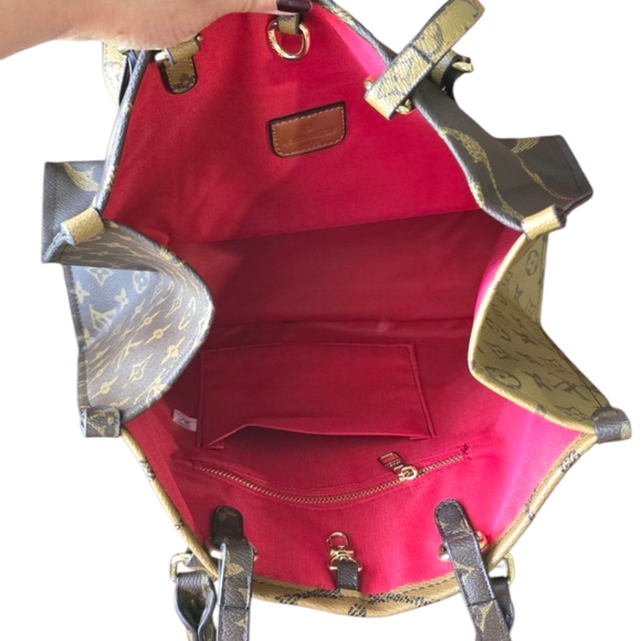 Brown and Dark Brown Structured Tote Bag with Monogram Print - Picture 7 of 14